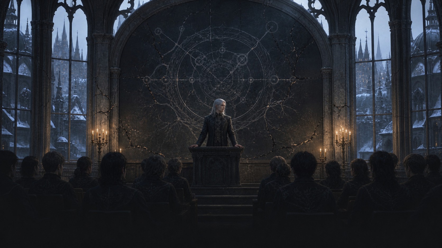 Professor Elric teaches in Velmora's winter lecture hall