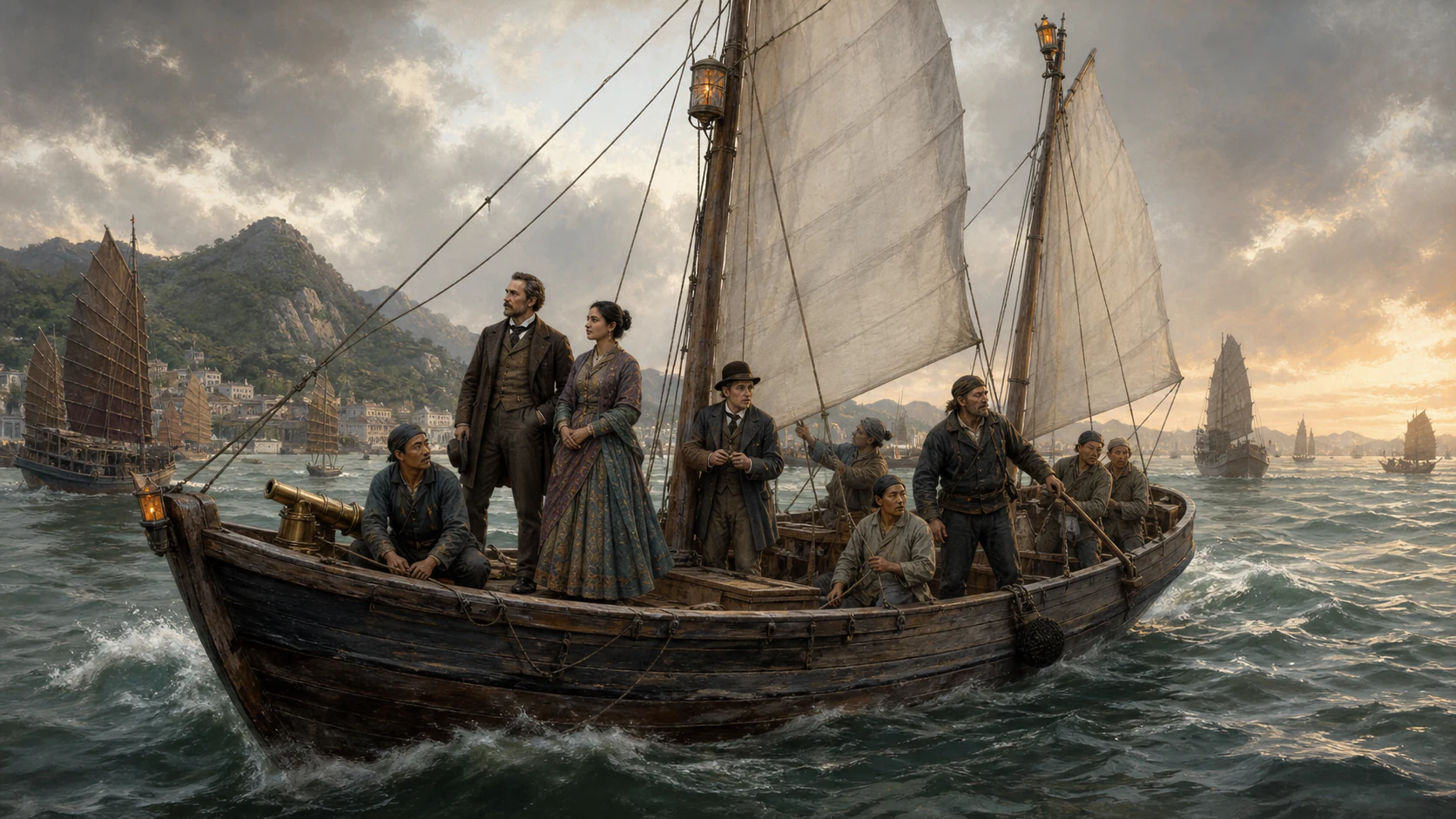 The twenty-ton Tankadere leaves Hong Kong's channels under full sail, a tiny vessel beginning an eight-hundred-mile November voyage through dangerous Chinese seas.