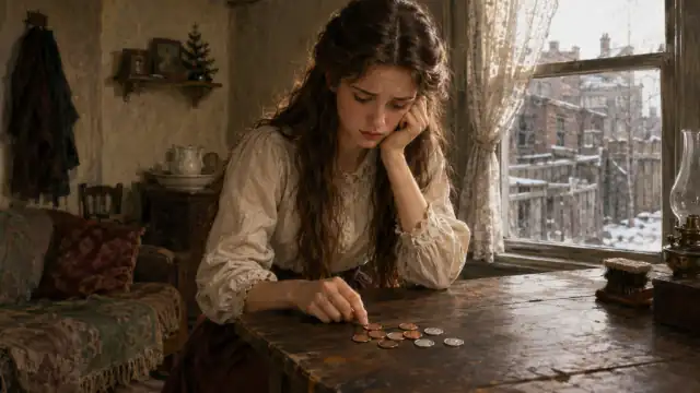 Della counts one dollar and eighty-seven cents in her shabby eight-dollar-a-week New York flat, with pennies on the table and a grey winter backyard beyond the window.