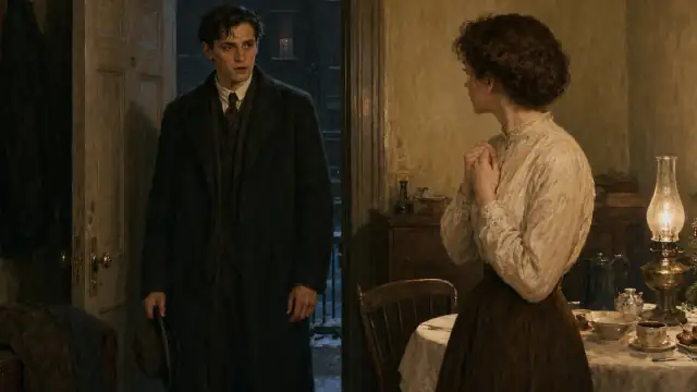 Twenty-two-year-old Jim enters the flat in his worn overcoat and freezes at the sight of Della's cropped hair, his grave expression unreadable in the warm kitchen light.