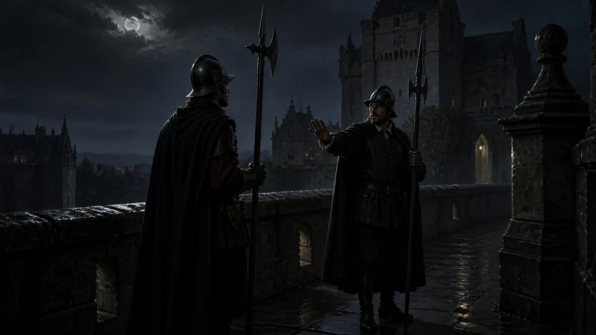 Hamlet, Act 1, Scene 1: Elsinore. A platform before the Castle, reading 1: Enter Francisco and Barnardo, two sentinels.