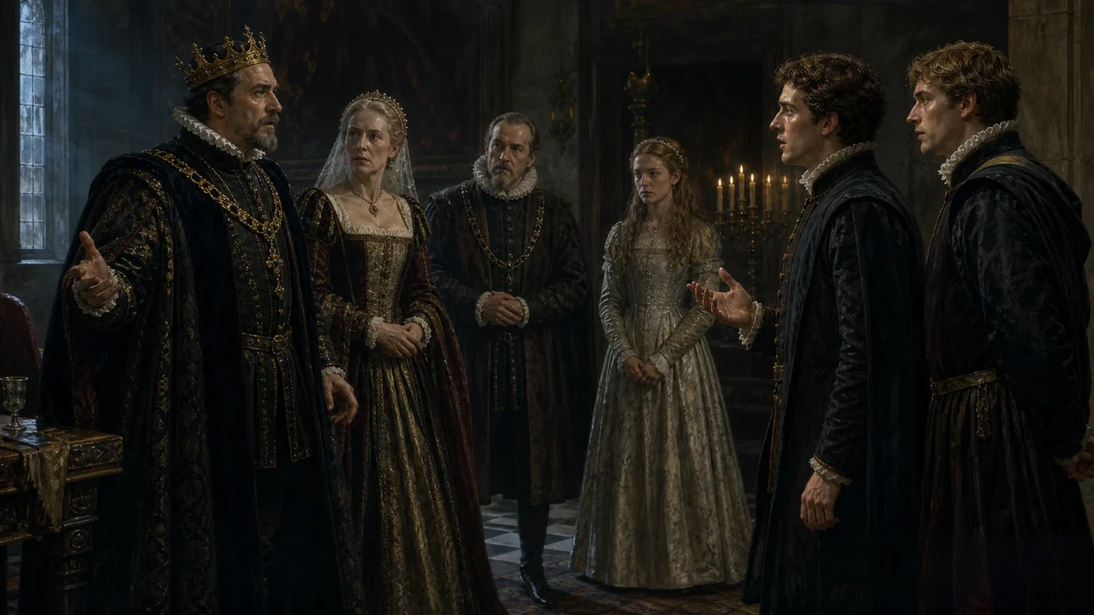 Hamlet, Act 3, Scene 1: A room in the Castle, reading 1: Enter King, Queen, Polonius, Ophelia, Rosencrantz and Guildenstern.