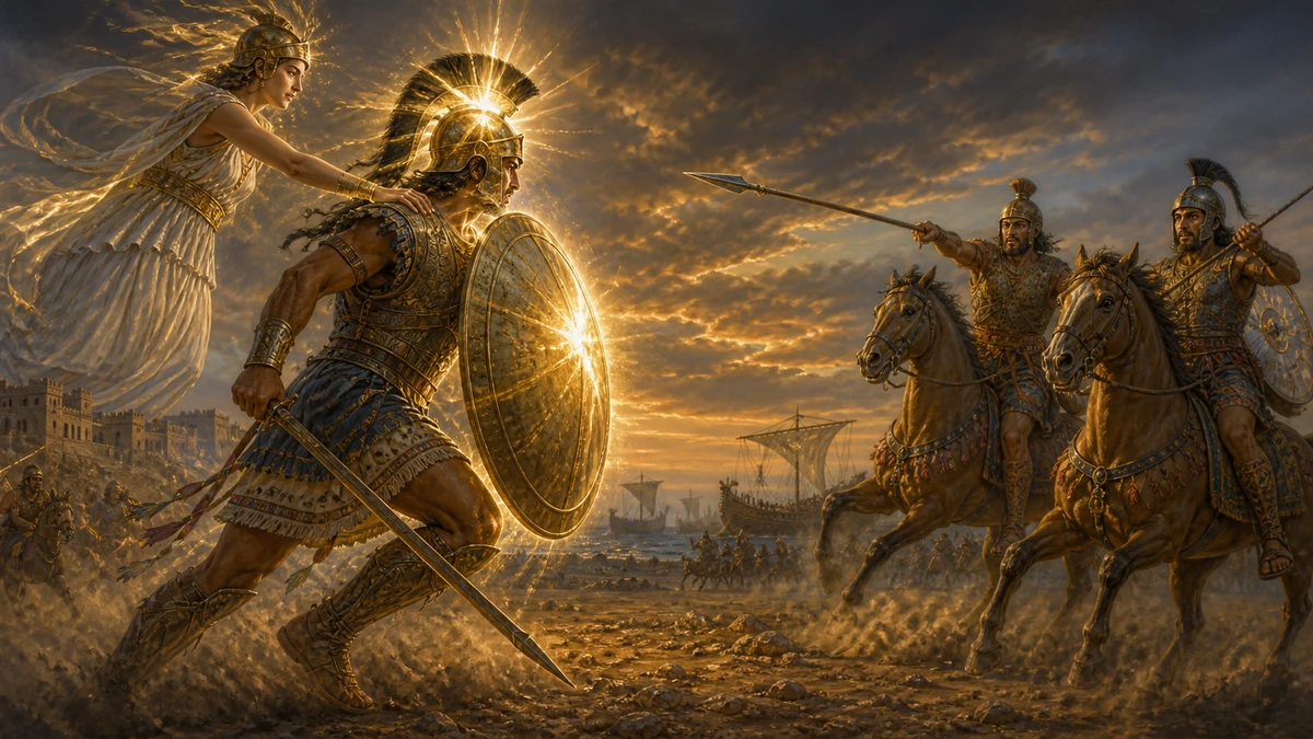The Iliad, Book 5, reading 1: But Pallas now Tydides’ soul inspires, Fills with her force, and warms with all her fires, Above the Greeks his deathles