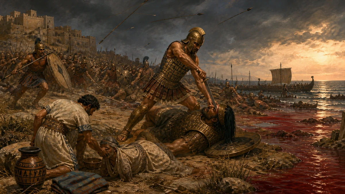 The Iliad, Book 6, reading 1: Now heaven forsakes the fight: the immortals yield To human force and human skill the field: Dark showers of javelins fl