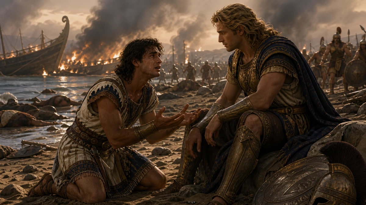 The Iliad, Book 16, reading 1: So warr’d both armies on the ensanguined shore, While the black vessels smoked with human gore.