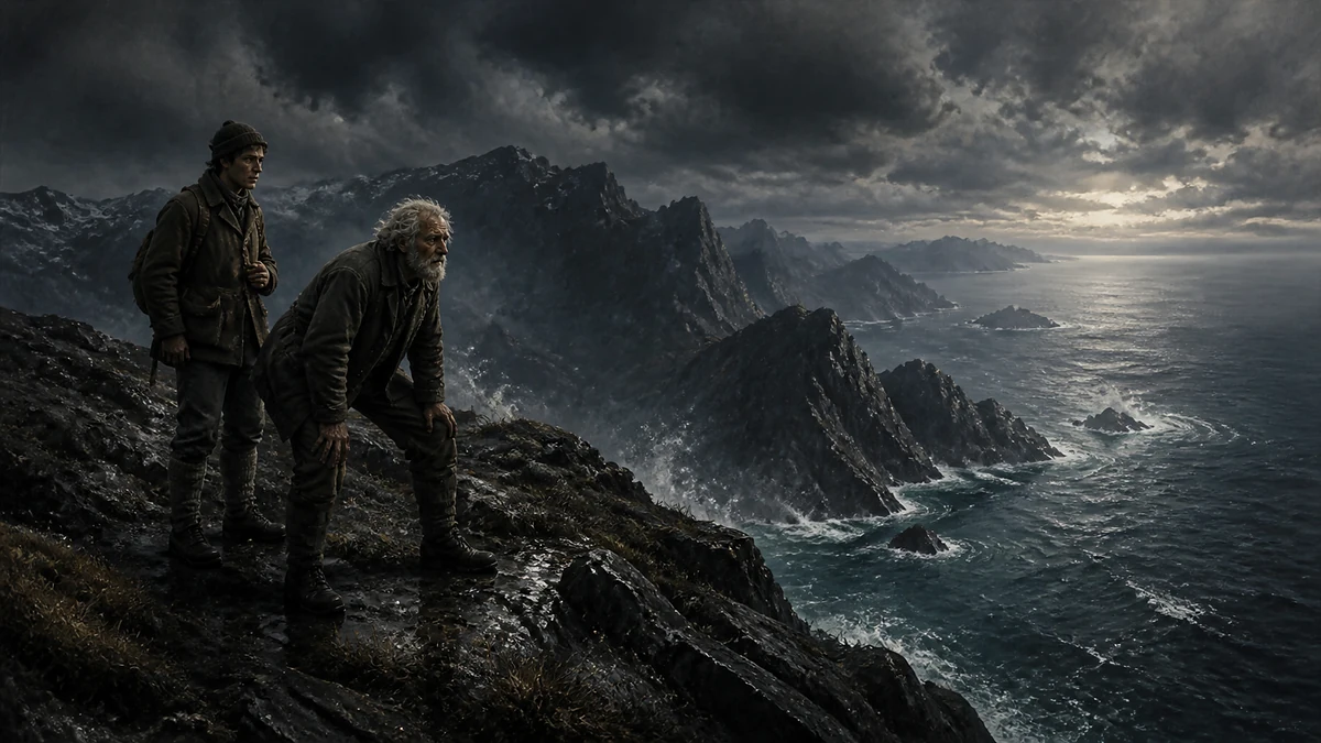 The aged fisherman and his companion reach the summit of Mount Helseggen