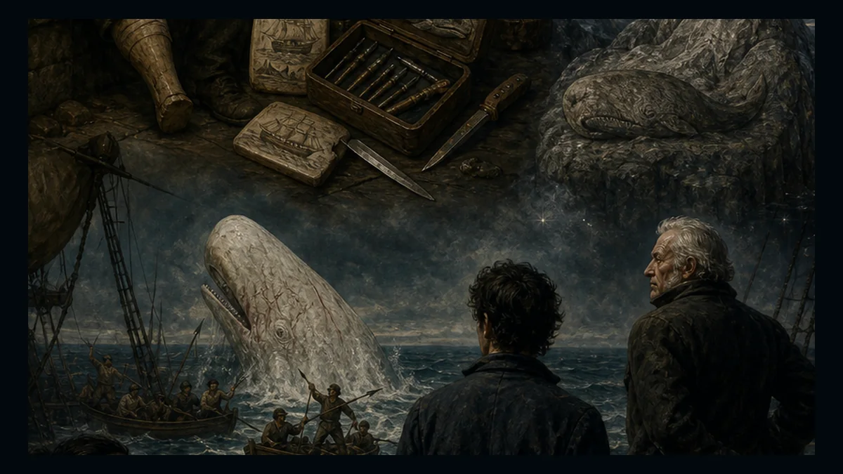 Moby-Dick, Chapter 57: Of Whales In Paint; In Teeth; In Wood; In Sheet-Iron; In Stone; In Mountains; In Stars — chapter-context illustration for reading 1