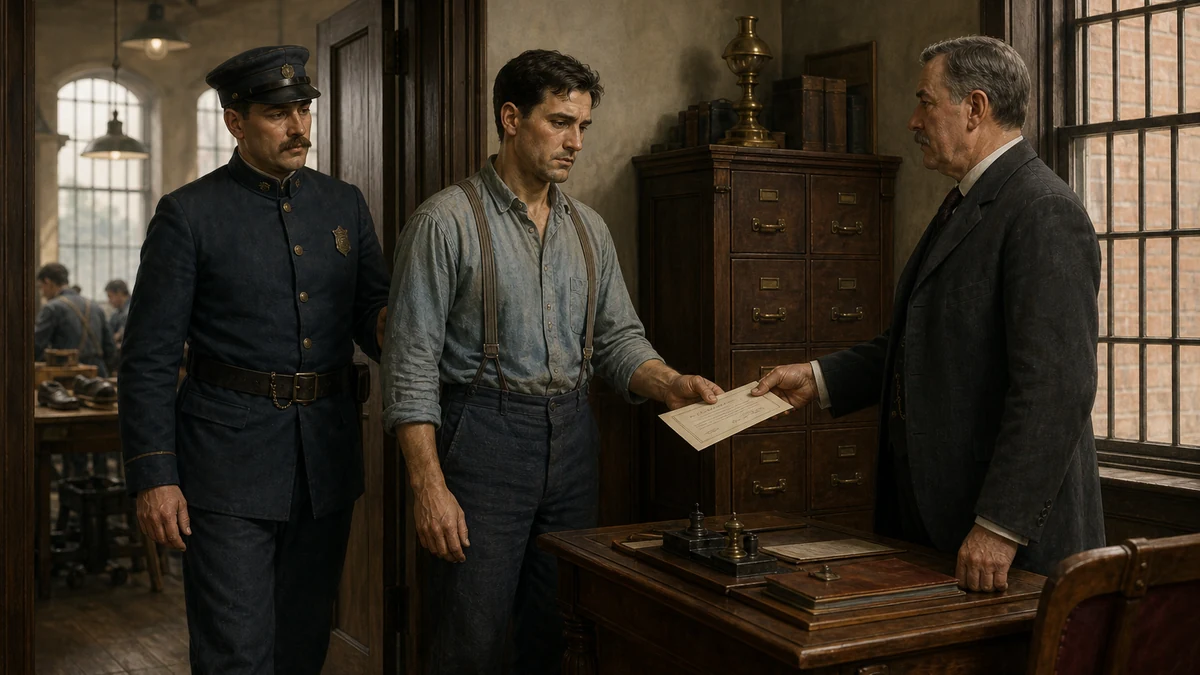 In a state-prison shoe shop, a guard escorts Jimmy Valentine from his stitching bench to the warden, who holds out a signed pardon; exactly three adult men are visible.