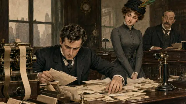 Harvey Maxwell plunges into letters and ticker tape while his quietly radiant stenographer Miss Leslie lingers beside his desk, hoping he will notice her.