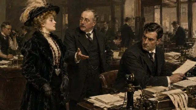 A showily dressed agency stenographer arrives; distracted Maxwell denies ordering a replacement while the market rush becomes ever fiercer.