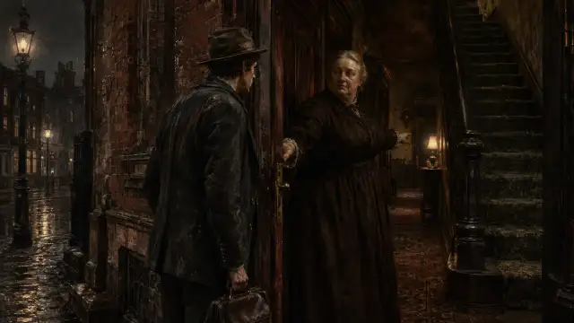 A weary young man carrying a small bag searches crumbling red mansions on the Lower West Side; a sinister housekeeper admits him and leads him up shadowy mosslike stairs.