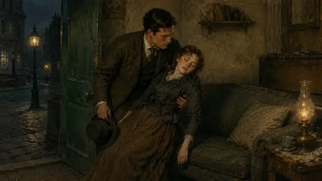 A starving young woman collapses when the green door opens; Rudolf catches and revives her, learns she has not eaten for three days, and races out.