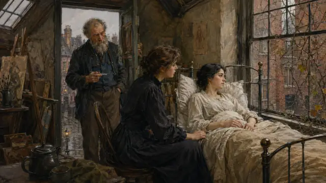 Greenwich Village's crooked streets and attic studios introduce Sue and Johnsy before pneumonia confines Johnsy to the iron bed by the window.