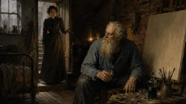 Only Sue and old Behrman are present in Behrman's dim ground-floor studio: Sue has come downstairs to call him, while the failed painter sits near his long-blank canvas, painter's tools and juniper gin, revealing his rough protective nature; Johnsy and her room are not visible.