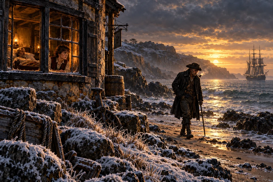 A bitter January dawn settles over the Admiral Benbow cove: frost whitens the stones, grey water laps below the inn, and the captain walks the beach beneath a low winter sun while Jim and his failing father remain inside.