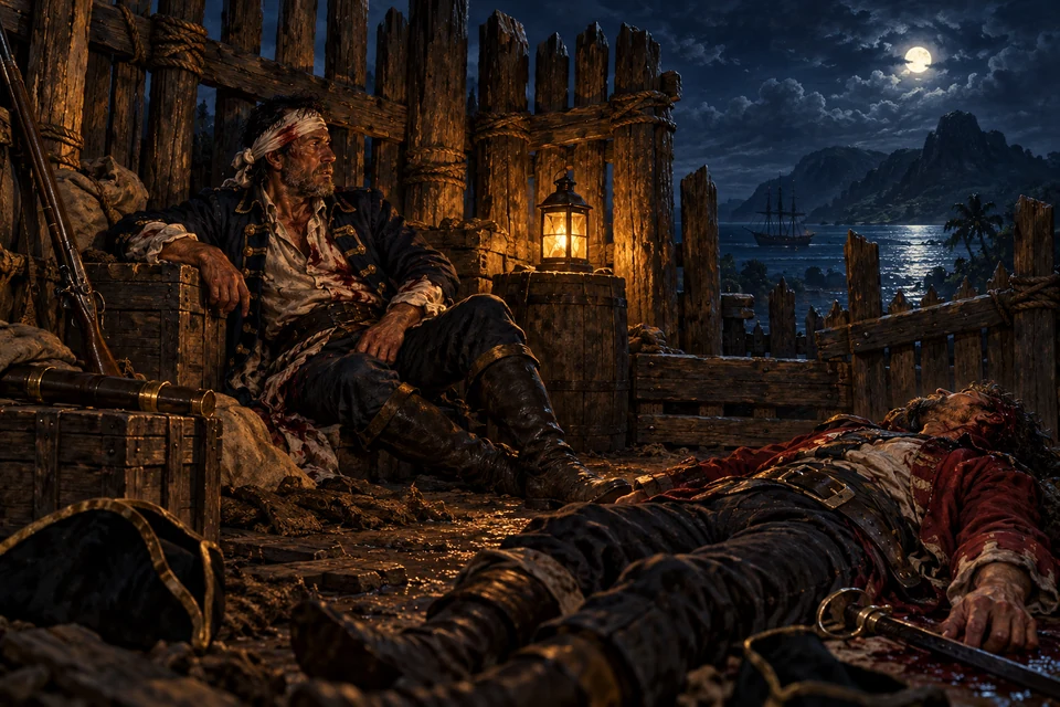 The mutineers do not return; the wounded captain survives, but Redruth dies during the night.