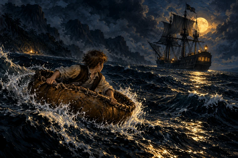 Jim learns that the coracle floats well but turns unpredictably as the tide carries him toward the ship.
