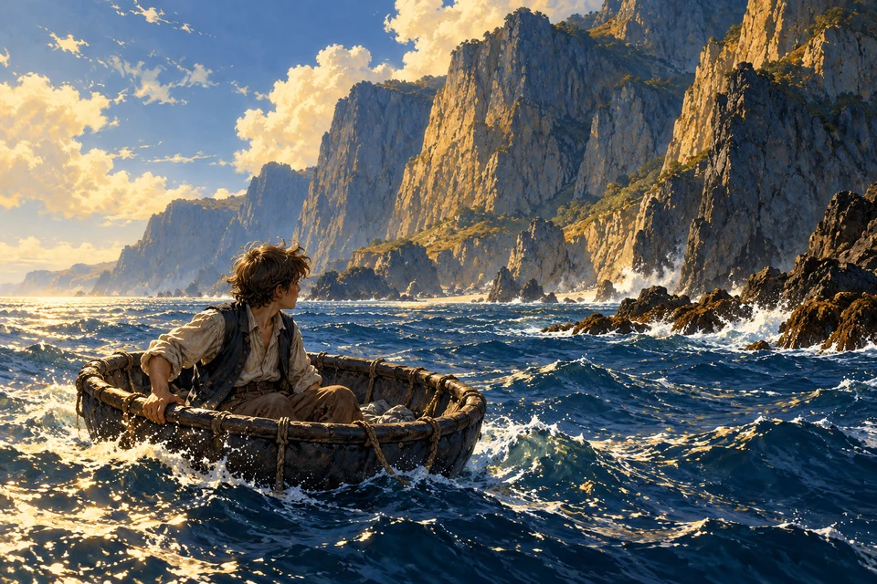 Jim wakes in the coracle near Treasure Island and finds the shore too formidable to reach.