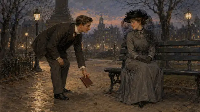 At twilight in a quiet New York park, the veiled girl in gray drops her book and the neatly dressed young man eagerly returns it before joining her bench.