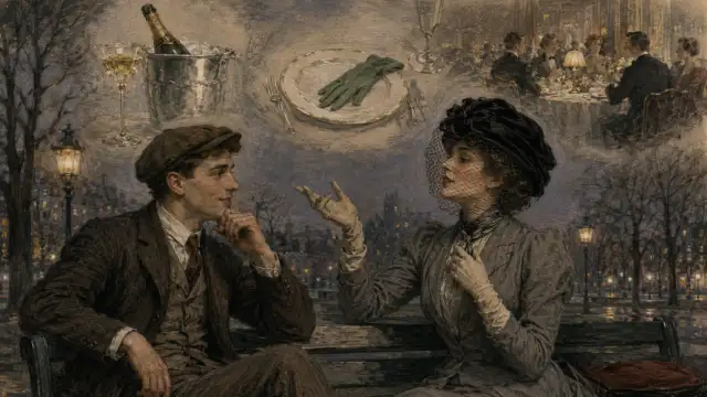 She invents fashionable customs involving iced champagne and green gloves, then dreams aloud of loving an honest working man despite class rules.