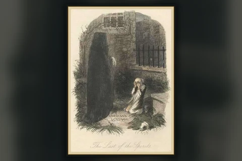 Scrooge confronts the silent Ghost of Christmas Yet to Come