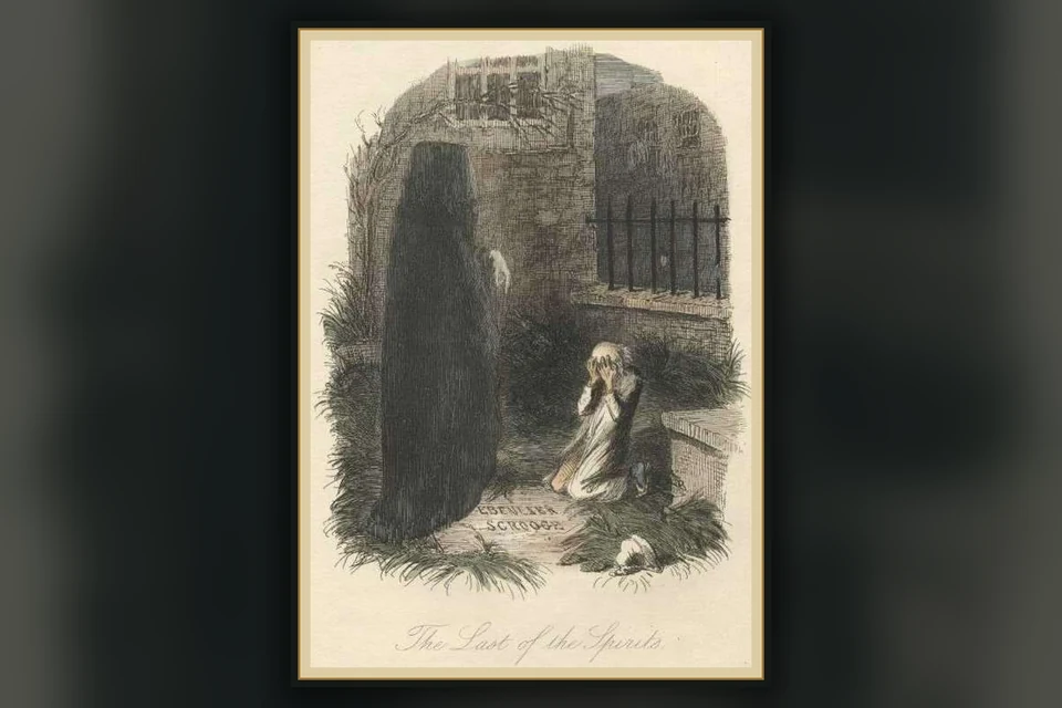 Scrooge confronts the silent Ghost of Christmas Yet to Come