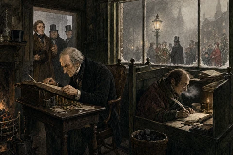 Scrooge and Bob Cratchit in the cold counting-house on Christmas Eve