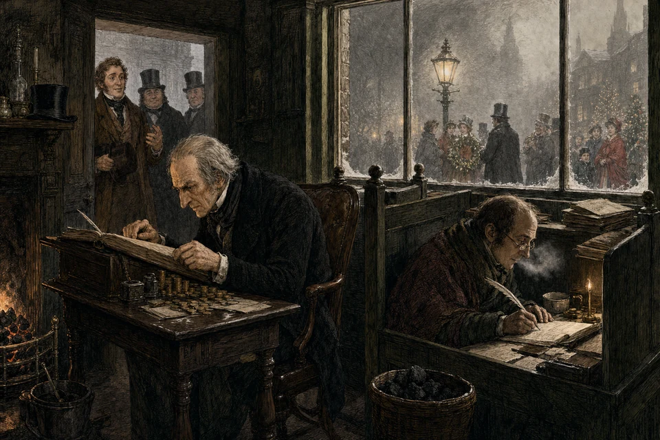 Scrooge and Bob Cratchit in the cold counting-house on Christmas Eve