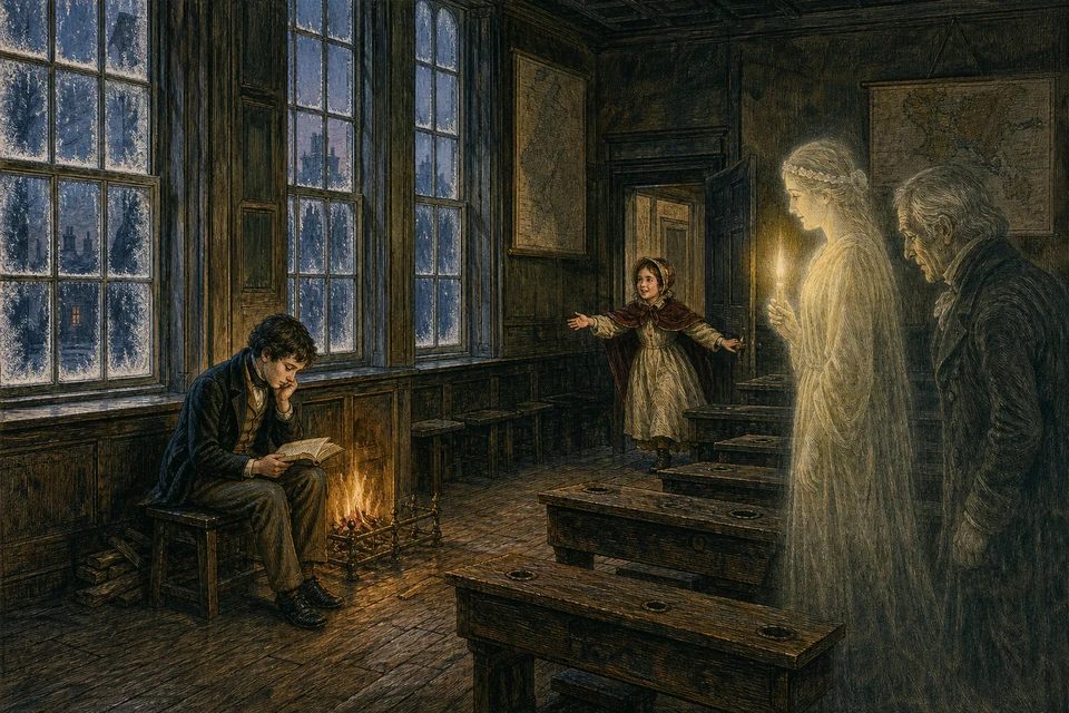 Young Scrooge alone at school as Fan arrives, watched by the Ghost of Christmas Past
