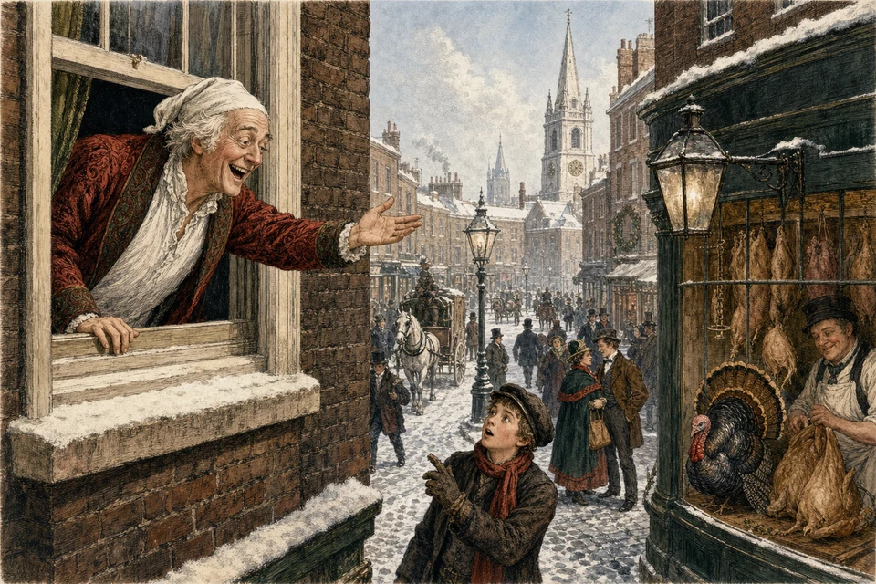 The transformed Scrooge sends the prize turkey to the Cratchit family